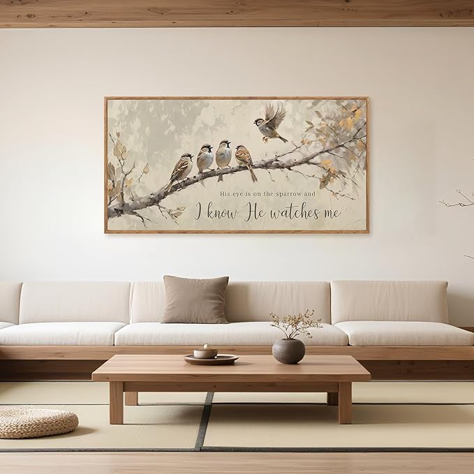 Aurlan His Eye is on the Sparrow Christian Wall Art Framed(40"x20"), Vintage Neutral Birds on Tree Branch Nature Canvas Artwork, Religious Faith Gift Bible Verse Scripture Print Decor for Home Office Bedroom-Ruum Studio Home