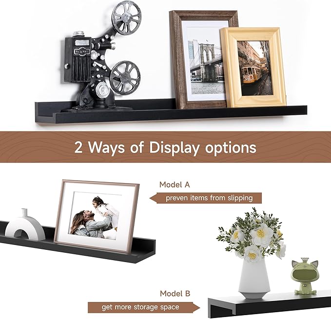 Fun Memories Picture Ledge Shelf, 24 Inch Floating Shelves Set of 2, Nursery Book Shelves for Toys Storage, Kids Bookshelf Wall Mounted for Wall Decor Books Photo Frames, Black-Ruum Studio Home