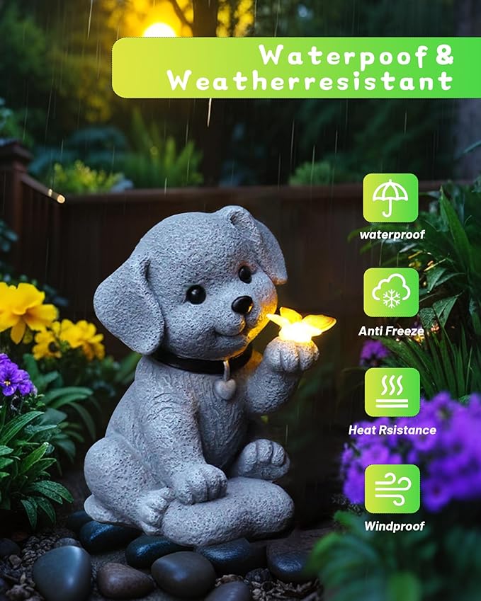 Solar Garden Statue Decor,Animal Solar Lights Outdoor Waterproof,Solar Garden Decorative Lawn Patio, Balcony, Yard Ornament Unique Housewarming Gifts (Dog Butterfly)-Ruum Studio Home