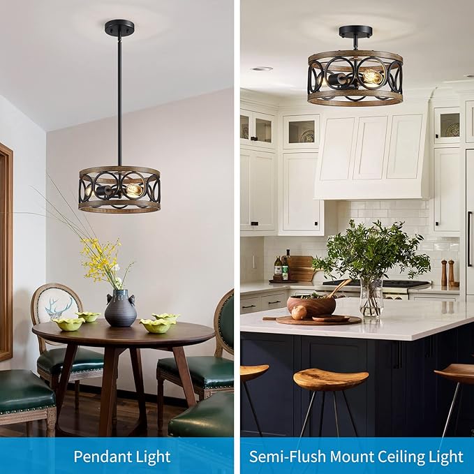 XINGQI Black Ceiling Light Adjustable Height Chandelier Modern Farmhouse Pendant Lighting Fixture Wood Grain Metal 13" Rustic Round Lights for Dining Room Kitchen Bedroom Entryway-Ruum Studio Home