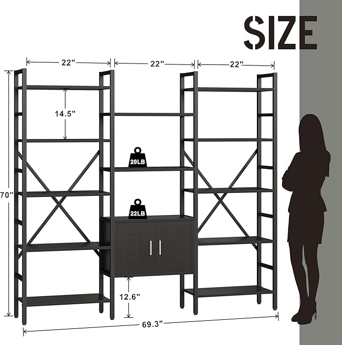 70 x70 Triple 5 Tier Book Shelf, Industrial Large Bookcase with Storage Cabinet, Tall Bookshelf with 14 Open Display Shelves Metal Frame Furniture for Living Room Bedroom Home Office Black-Ruum Studio Home