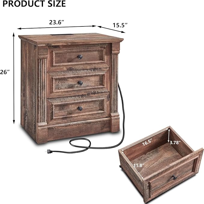 26" Tall Farmhouse Nightstand Set of 2, 3 Drawers End Table w/Charging Station, 23.6" Wide Large Side Table w/Roman Column, Wood Rustic Sofa Table for Bedroom, Light Brown-Ruum Studio Home