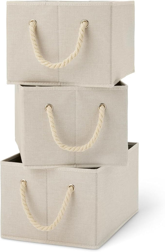 Amazon Basics Foldable Storage Bins with Rope Handles, Linen, Large, Pack of 3-Ruum Studio Home
