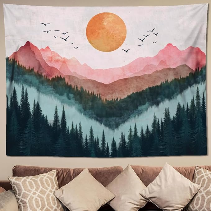 keowhsf Sunset Mountain Forest Tapestry - Large Nature Landscape Wall Hanging, Aesthetic Pine Tree Scenery Wall Art for Bedroom & Living Room Decor-Ruum Studio Home