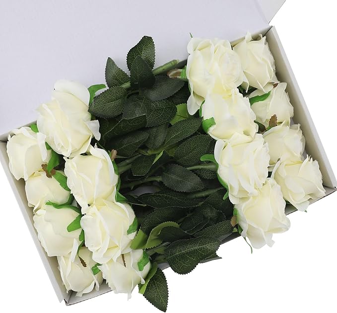 White Fake Roses Artificial Flowers - 16 Pcs Fake Artificial Roses Silk Flowers with Stems for Home Wedding Hotel Office Centerpiece Decor-Ruum Studio Home
