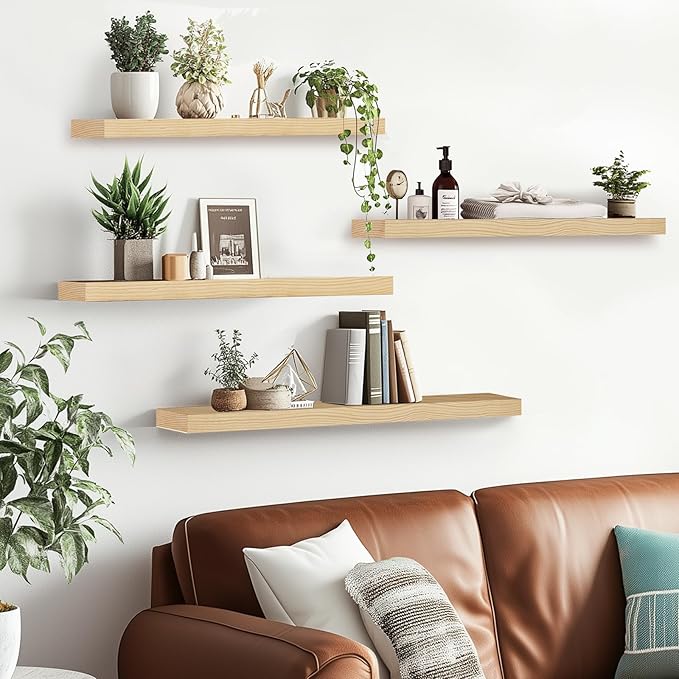 Floating Wall Shelves 4-Pack - Rustic Wood 16-inch Wooden Wall Shelves for Storage and Décor, Multi-Functional and Easy to Install for Living Room, Bedroom, and Kitchen-Ruum Studio Home