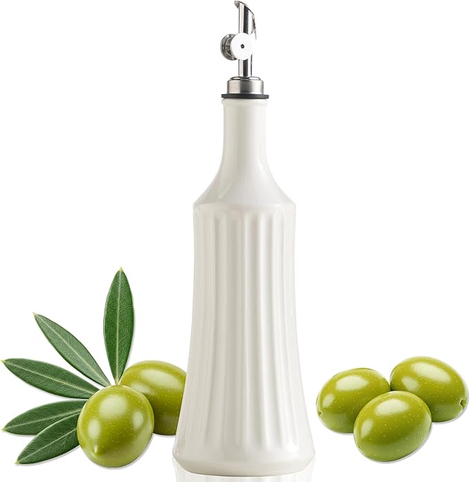 LYEOBOH Olive Oil Dispenser Bottle, Oil Dispenser for Kitchen, Ceramic Cooking Vinegar Dispensing Bottles with Spout, White-Ruum Studio Home