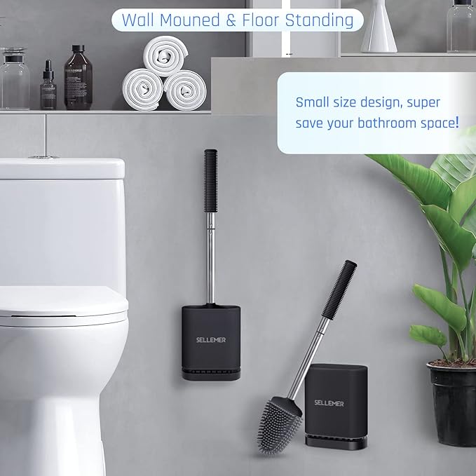 Sellemer Toilet Brush and Holder Set - Flexible Toilet Bowl Brush Head with Silicone Bristles, Compact Size for Storage and Organization, Ventilation Slots Base (1 Pack, Black)-Ruum Studio Home