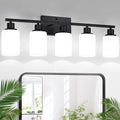 5-Light Black Bathroom Vanity Light Fixture with Milky White Frosted Glass Shades, Bathroom Light Fixture for Mirror, Matte Finish, Reversible Up/Down Lighting for Bedroom, Living Room, Hallway-Ruum Studio Home