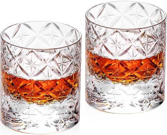 KAMMAK Crystal Whiskey Glasses Set of 2, Hand Blown 7.78oz Old Fashioned Glasses Stemless, Luxury Handcrafted Cocktail Glasses, Scotch Cup for Women, Men Gift for Rocks, Bourbon Barware, Bar-Ruum Studio Home
