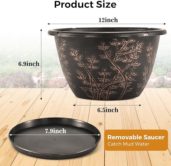 12-inch-Flower-Pots-Outdoor-Indoor, 4 Pack Plastic Planter Pots for Plant with Drainage Hole Saucer, Decorative Resin Garden Container with Tray-Ruum Studio Home