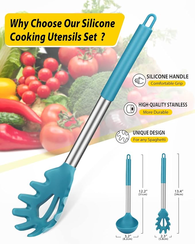 Silicone Pasta Fork and Ladle Spoon Set, Large Non Stick Kitchen Utensils for Cooking,Stirring,Serving Spaghetti, Soup, Sauce (BLUE)-Ruum Studio Home