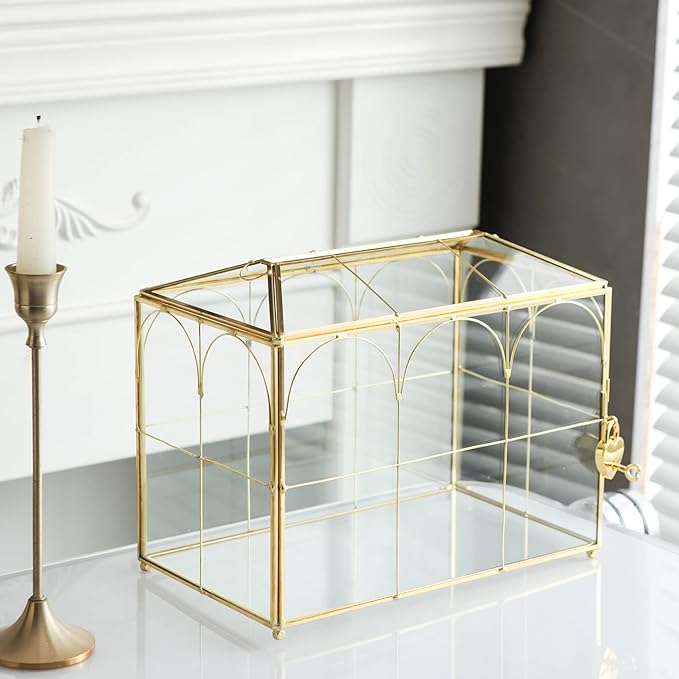 Glass Card Box with Slot, 10.2 inch Large Gold Clear Card Box for Wedding Receptions, Decorative Storage Box with Lock for Baby Shower, Birthday Party, Bridal Shower-Ruum Studio Home