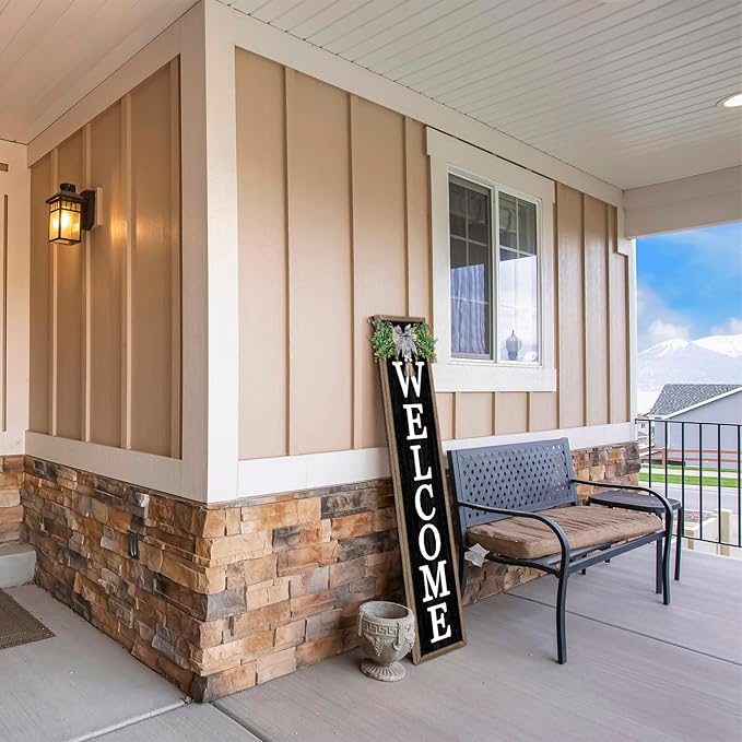Surfapans Welcome Sign for Front porch Standing 45"X9"Large Wood Frame Outdoor Tall Welcome Signs Vertical Decor for Farmhouse Rustic Home Modern Outside Front Door Wall Decorations (Wood Black)-Ruum Studio Home