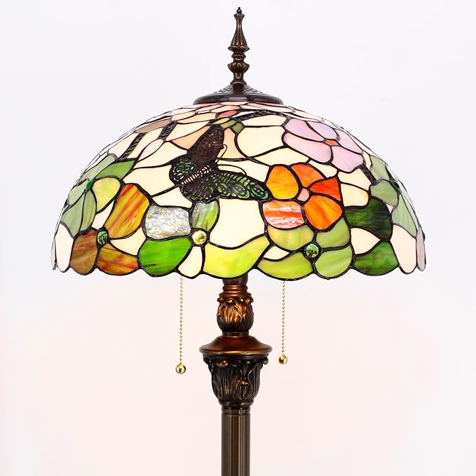 Tiffany Floor Lamp Stained Glass Lamp Standing Reading Light 16x16x70 Inch for Living Room (Butterfly Flowers)-Ruum Studio Home
