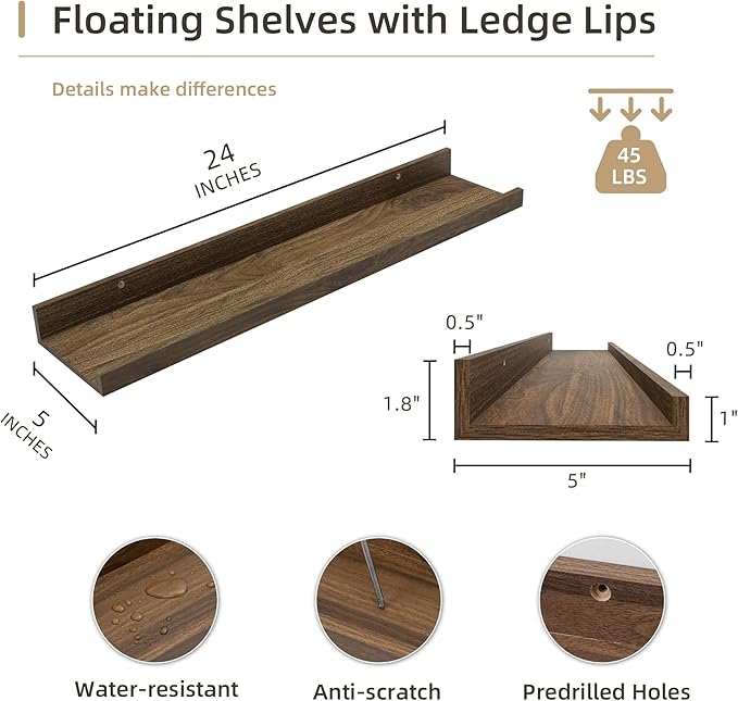 Picture Ledge Shelf, Wood Floating Shelves Set of 4, 24 inch Picture Ledge Shelves, Photo Ledge Nursery Book Shelves Wall Mounted for Living Room Kids' Room Bedroom, Color Walnut-Ruum Studio Home