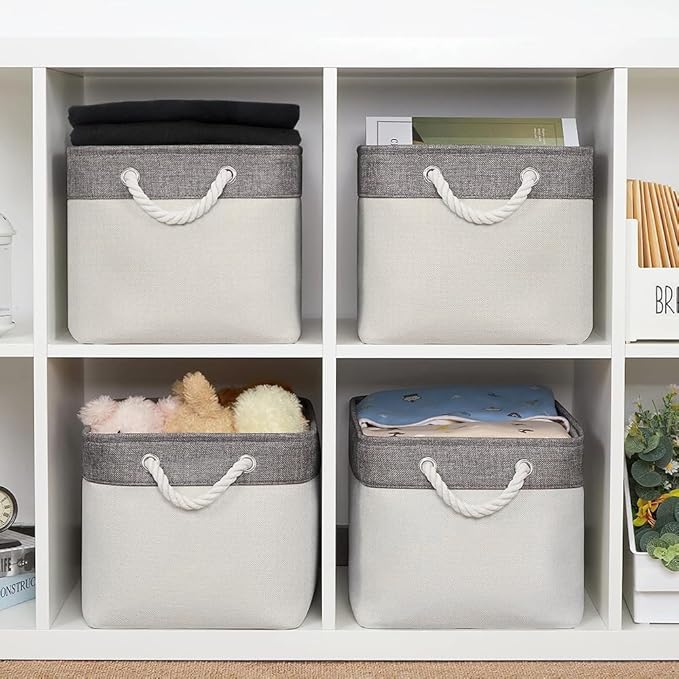 Organization and Storage Basket for Organizing - Large 4 Pack 16x12x8 inch Fabric Storage Cube Collapsible Baskets for Shelves, Storage Bins for Cloth Books (Grey & White)-Ruum Studio Home