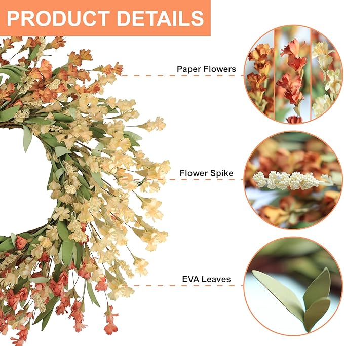 Artgar Fall Wreath, Fall Wreaths for Front Door, 24 in Fall Decor Floral Wreath, Door Wreaths for Front Door Outside All Season for Thanksgiving Home Indoor Outdoor Wall Decor (White&Orange)-Ruum Studio Home
