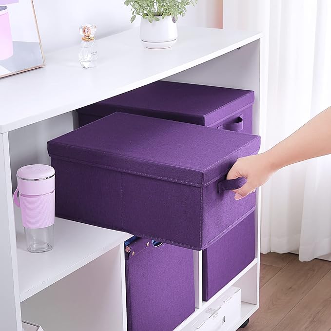 HOONEX Storage Bins with Lids for Organizing, Pack of 2, Storage Boxes with 2 Carry Handles and Sturdy Heavy Cardboard, 16.5" L x 11.8" W x 7.5" H for Shoes, Books, Clothes, Nursery, Dark Purple-Ruum Studio Home