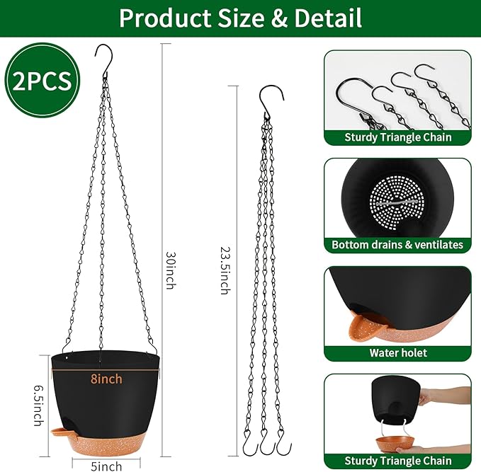 GARDIFE Hanging planters for Indoor Plants, 8 inch Hanging Planter, Self Watering Plant Pot, 2 Pack self Watering Hanging Planter, Black-Ruum Studio Home