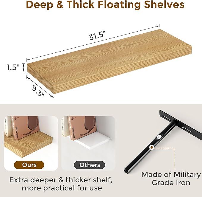Rustic Wood Floating Shelves 32 Inch Long, 9 Inch Deep Wall Shelves for Home Decor, 32 x 9 Floating Shelf Wall Mounted Set of 2, Deep Floating Shelves for Kitchen, Bedroom, Living Room, Oak Color-Ruum Studio Home