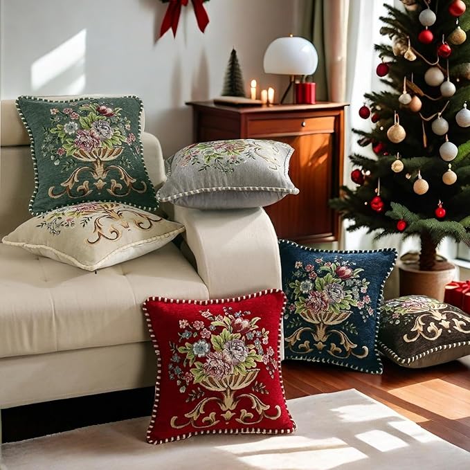 2 Pcs Grey Chenille Vintage Embroidered Throw Pillow Covers 18x18in,Grey Tassel Vintage Pattern Pillow Covers, Floral Embroidered Cushions Covers for Sofa Couch Bed Chairs Car-Ruum Studio Home