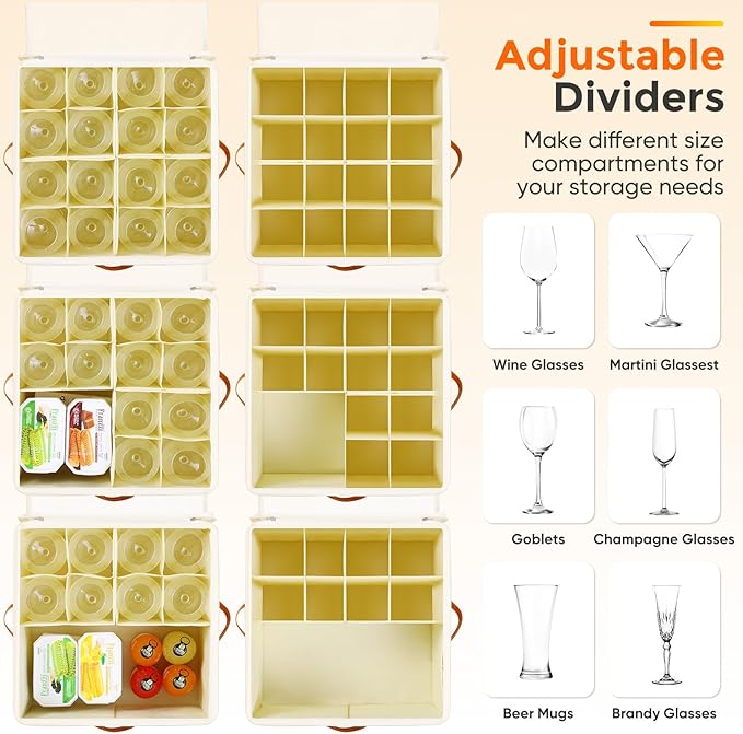 Wine Glass Storage Box with Dividers, 2 Pack Glassware Storage Containers, Stemware Storage Cases Holds 32 Wine Glasses, Stackable Crystal Storage Containers with Clear Cover for Moving，Beige-Ruum Studio Home