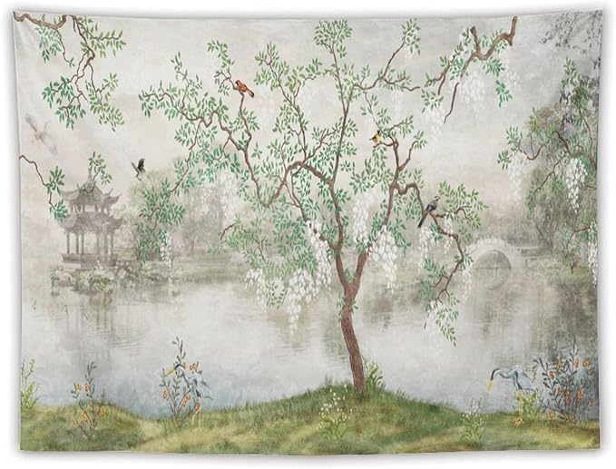 HZOHNAGO Japanese Tapestry Tree Misty Garden Lake Printed Wall Tapestry Ink Painting Wall Hanging for Bedroom Living Room Dorm 80" W x 60" H-Ruum Studio Home