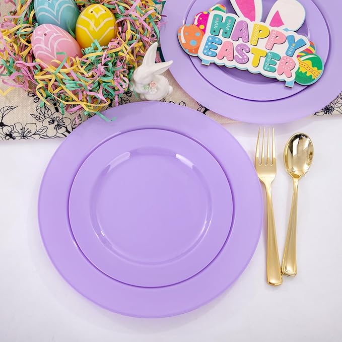 FLOWERCAT 60PCS Purple Plates - Heavy Duty Purple Plastic Plates Disposable for Easter Party/Wedding - Include 30PCS 10.25" Dinner Plates and 30PCS 7.5" Dessert Plates-Ruum Studio Home