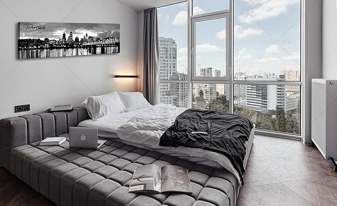 DJSYLIFE-Portland Skyline Canvas Print Modern City Landscape Wall Art USA Skyscraper Black and White Panoramic Night View Painting Office Living Room Home Decor Ready to Hang 13.8"x47.3"-Ruum Studio Home