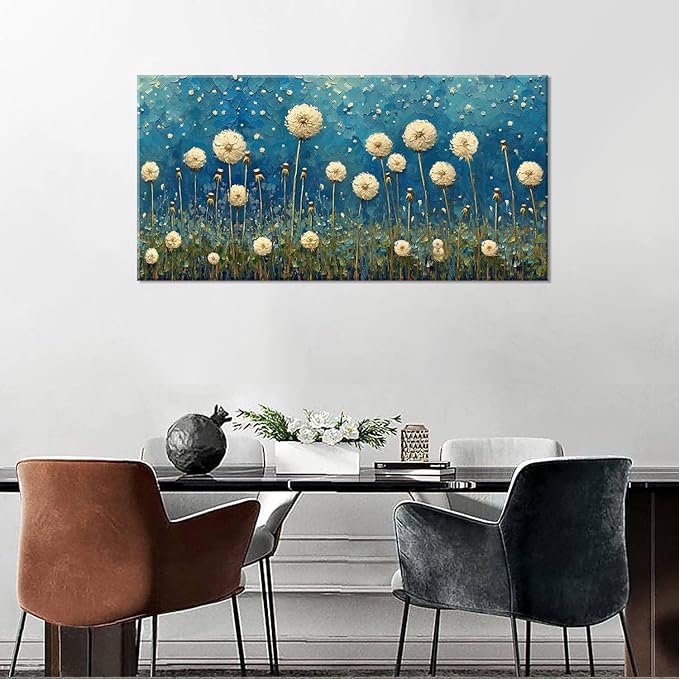 LASMOND Teal Dandelion Wall Art for Living Room Abstract Blowball Canvas Painting Prints Large Flower Floral Grassland Bedroom Decoration Modern Artwork Decor (40x20 Inches)-Ruum Studio Home