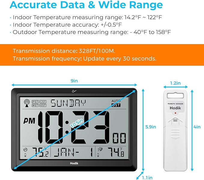 Wall Clock Atomic with Indoor Outdoor Temperature Battery Powered, Easy Reading with 10.5 Inch Large LCD Display, 330FT Range Table Wall Clock with DST, 12/24 Hour for Living Room Kitchen (Black)-Ruum Studio Home