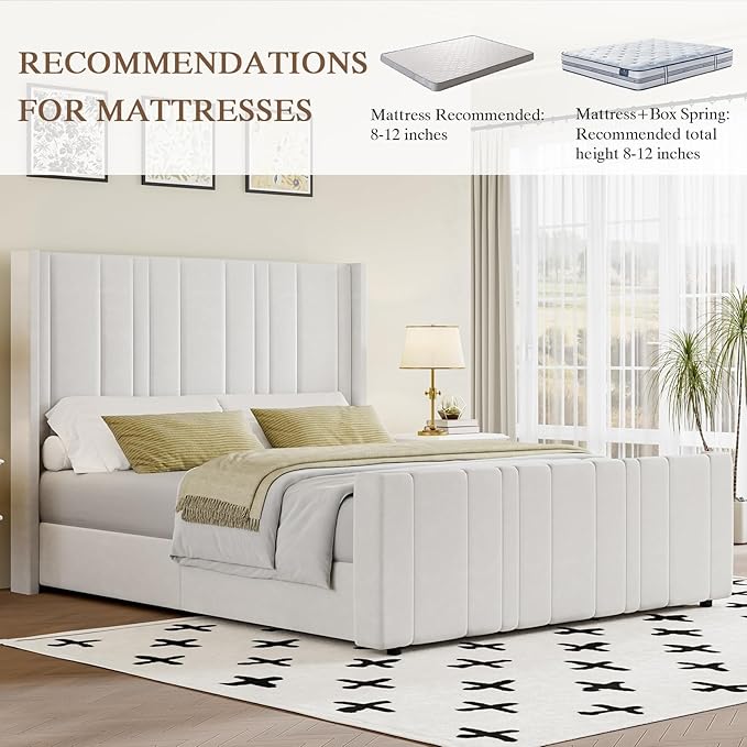 HOMBCK Full Bed Frame Upholstered Bed with Vertical Channel Tufted Headboard & Footboard/Wooden Slats/No Box Spring Needed/Easy Assembly, Cream-Ruum Studio Home