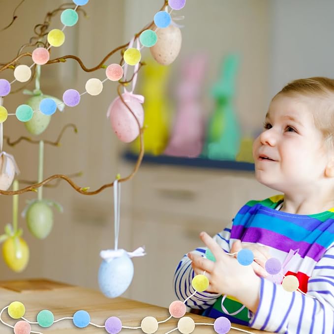 3pk Pastel Pom Pom Garland Easter Decorations Spring Home Decor Indoor Living Room Wall Classroom Xmas Tree, Cute Hanging Rainbow Colorful Felt Ball Garland Baby Shower Wedding Birthday Party Supplies-Ruum Studio Home