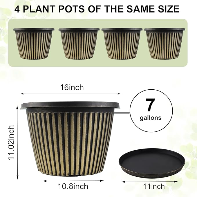 16 inch Large Planter Indoor Outdoor Plant Pots, 4 Pack Plastic Flower Pots with Saucer And Drainage Holes, Modern Garden Planters For Planting Medium Large Plants, Decorative Resin Garden Pots-Ruum Studio Home