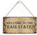 SENJIAN Rustic Train Station Wood Decor Sign, Retro Welcome to the Train Station Printed Wood Sign Wall Art, Hanging Door Sign, Decorative Wood Sign Home Decor 12" x 6"-Ruum Studio Home