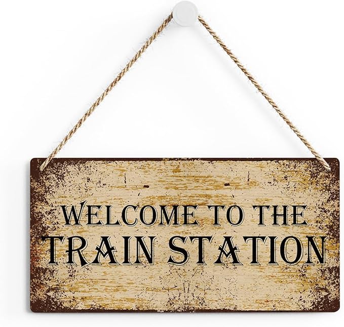 SENJIAN Rustic Train Station Wood Decor Sign, Retro Welcome to the Train Station Printed Wood Sign Wall Art, Hanging Door Sign, Decorative Wood Sign Home Decor 12" x 6"-Ruum Studio Home