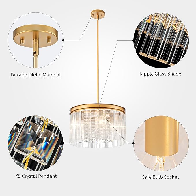 4-Lights Drum Glass Chandelier, Modern Style Light Fixture for Dining Room, Bedroom, Ripple Glass Shade & Brass Finish, D16.5 * H18~48 inch (Adjustable Height)-Ruum Studio Home