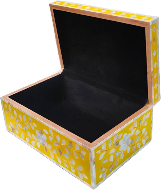 Decorative Storage Box Of Mother Of Pearl Inlay Floral Design Wooden Storage Box For Home Decoration For Living Dining & Bedroom (Yellow_9x6x3.5 inch)-Ruum Studio Home