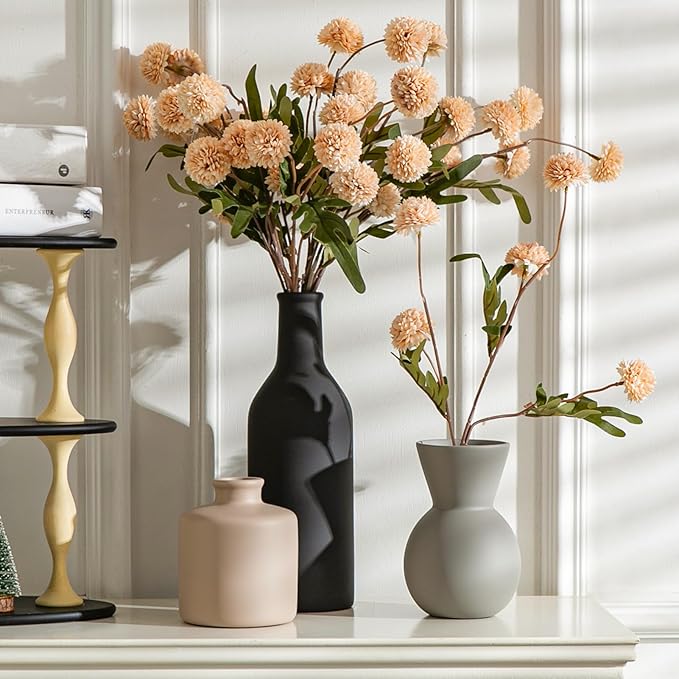 Fake Flowers in Vase for Centerpieces, Faux Flowers in Modern Ceramic Vase Set of 3 with 8 Artificial Autumn Chrysanthemums Home Decor-Ruum Studio Home