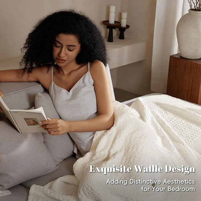PHF 100% Cotton Waffle Weave Blanket Queen Size, Soft Lightweight Breathable Cozy Summer Blankets for Bed, Luxury Aesthetic Woven Bedding for Home Decor, 90"x90", Ivory-Ruum Studio Home