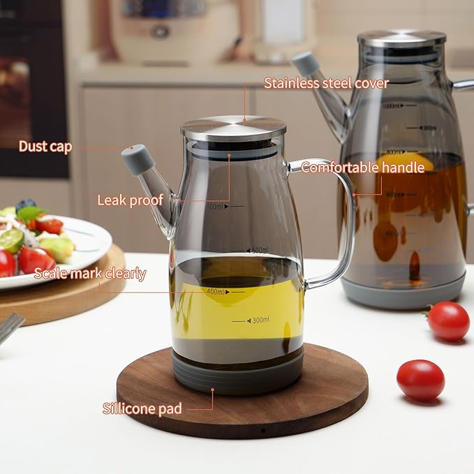 Large Glass Oil Dispenser Bottle for Kitchen Cooking Recipiente Para Aceite De Cocina Olive Oil Vinegar Dispenser Cruet Stainless Steel Lid No Drip Liquid Container (Grey, 34oz /1000ml)-Ruum Studio Home