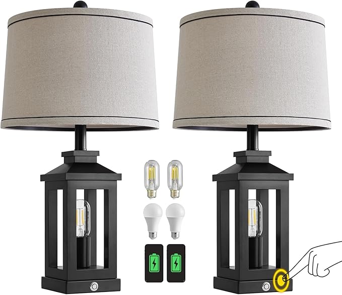23.75" Retro Farmhouse Black Table Lamp for Living Room Bedroom Nightstand Set of 2 Touch Control Bedside Nightlight Vintage Modern Lamp with USB C+A Ports and 2 Light Sources-Ruum Studio Home