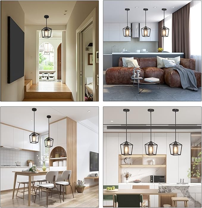 1 Pack Black Pendant Light Fixture Farmhouse Iron Cage Metal Pendant Light Lantern Hanging Light Fixtures with Clear Glass Shade for Kitchen Island, Dining Room, Hallway,Entryway1-Ruum Studio Home