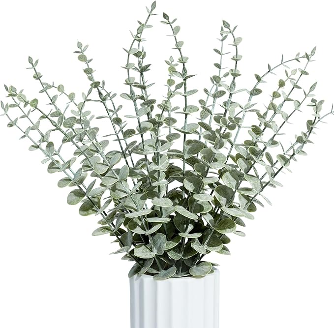 24Pcs Faux Eucalyptus Stems, 15" Artificial Eucalyptus Plants with White Frosted Coating, Fake Eucalyptus Decor Plastic Greenery Leaves for Wedding Bouquets Home Decor DIY Floral Arrangements-Ruum Studio Home