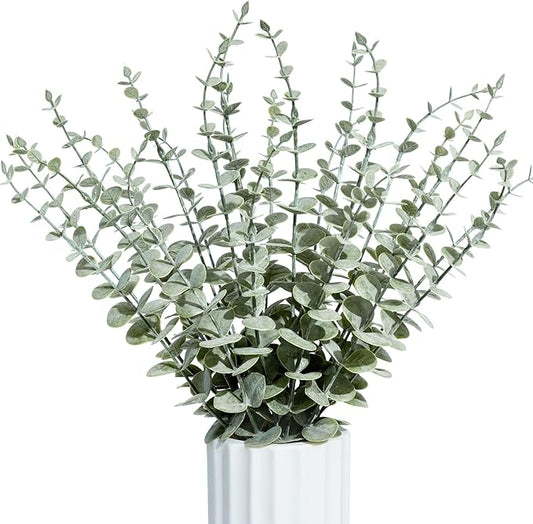 24Pcs Faux Eucalyptus Stems, 15" Artificial Eucalyptus Plants with White Frosted Coating, Fake Eucalyptus Decor Plastic Greenery Leaves for Wedding Bouquets Home Decor DIY Floral Arrangements-Ruum Studio Home