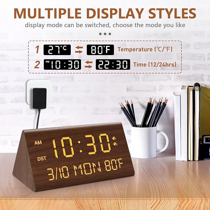 Kogonee Wooden Digital Alarm Clock, 0-100% Dimmer, 2 Alarm Settings, Weekday/Everyday Mode, 9 Mins Snooze, 12/24H, Temperature and Date Display for Office, Travel, Bedroom Alarm Clock (Brown)-Ruum Studio Home