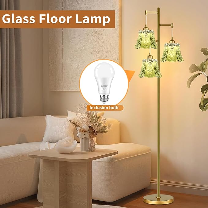 Gold Floor Lamp for Living Room,Bedroom,Tree 3 Light Standing Lamp Mid Century Modern Brass Tall Floor Lamps Vintage Retro Floor Lights Glass Green Flower Lamp Shade Farmhouse Boho Bohemian-Ruum Studio Home