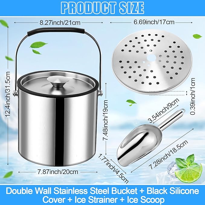 meekoo 4 L Double Wall Insulated Stainless Steel Ice Bucket with Lid, Scoop, Strainer, Handle Large Wine Ice Bucket Upgraded Cover Keep Frozen Longer for Cocktail Bar Parties(Silver)-Ruum Studio Home