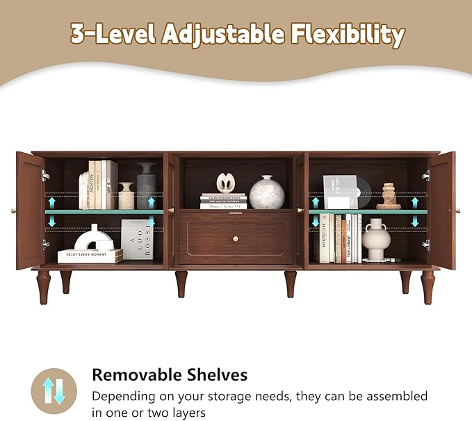 ARTPOWER 67'' Mid-Century Modern TV Stand with Storage Drawer and Doors, Long TV Stand with Adjustable Shelves for 75 Inch TV for Living Room, Bedroom, Brown-Ruum Studio Home